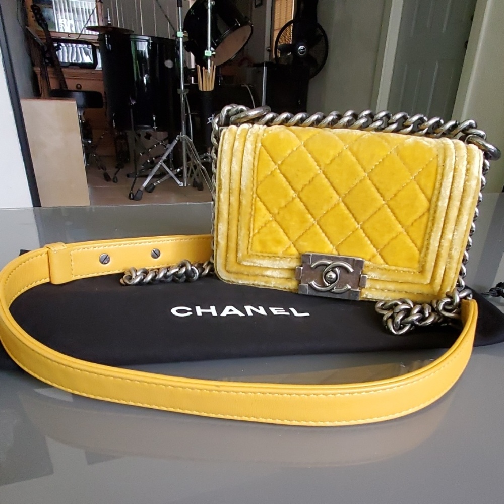 CHANEL Yellow Velvet Mini Boy - Picture 1 of 8